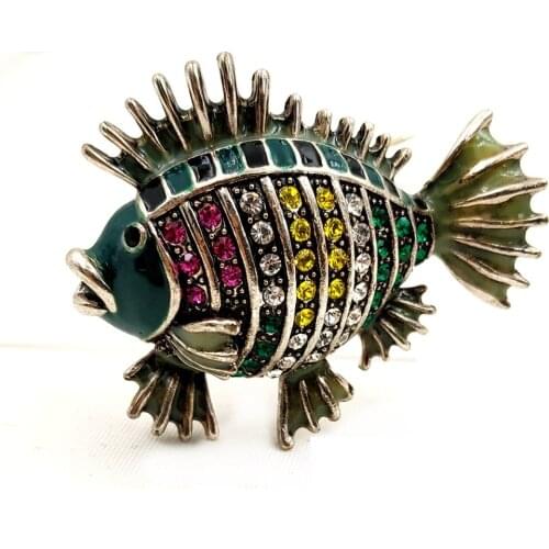 Stunning Pink Yellow Crystal Accent Green Enamel Lionfish Brooch Gold Tone Fin & Tail Tropical Saltwater Fish Pin Summer Jewelry