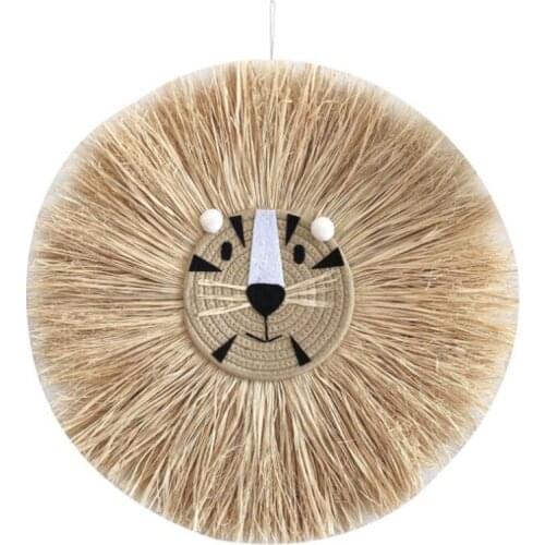 Q9QF Nordic Hand-Woven Tiger Lion Wall Decoration Handmade Raffia Hanging Ornament for Baby Room Nursery Photo Props