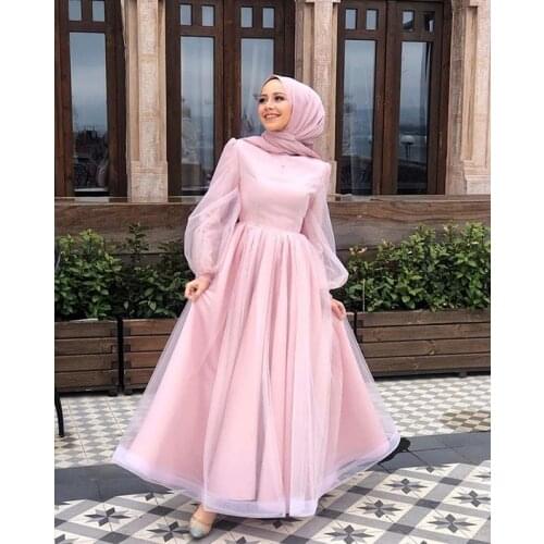 Pink Muslim Long Sleeves Prom Dresses 2021 O Neck Long Tulle Formal Evening Party Gown Dress Robe De Soiree