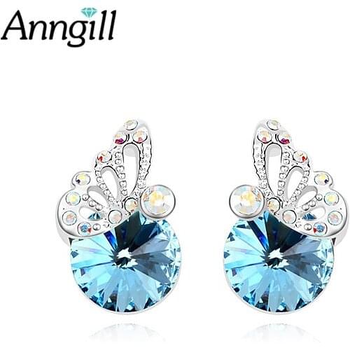 ANNGILL 100% Crystals from Swarovski Round Earrings For Women New Popular Butterfly Stud Earrings Jewelry Female Bijoux Brincos