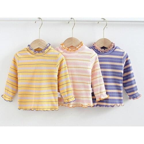 2021 Spring Autumn New Baby Plus Velvet Striped Bottoming T Shirt Cotton Mandarin Collar Top Wholesale Korean Long Sleeves Tees