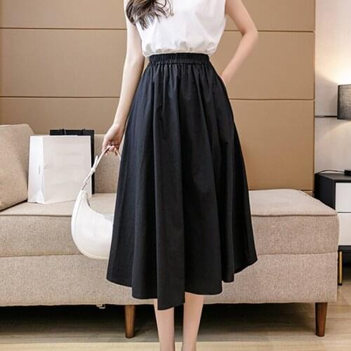 Summer New Women Skirts High Waist A Line Loose Thin Casual Skirt Female Solid Simple Basic Folds Elastic Waist Midi Skirt Femme