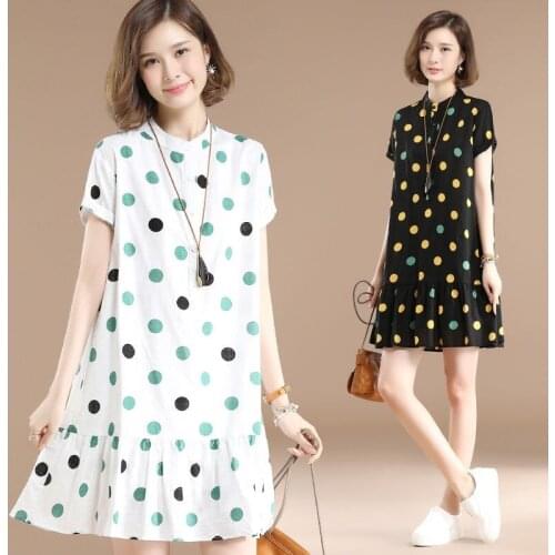 Womens Khmer polka dot dress summer dress new short-sleeved ruffled mid-long section loose loose slim collar A-line female