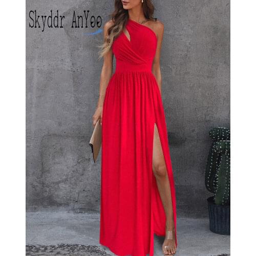 Women Party Dress 2021 Robe Femme One Shoulder High Split Sexy Maxi Long Dresses Slim Floor-Length Elegant Summer Red Dress