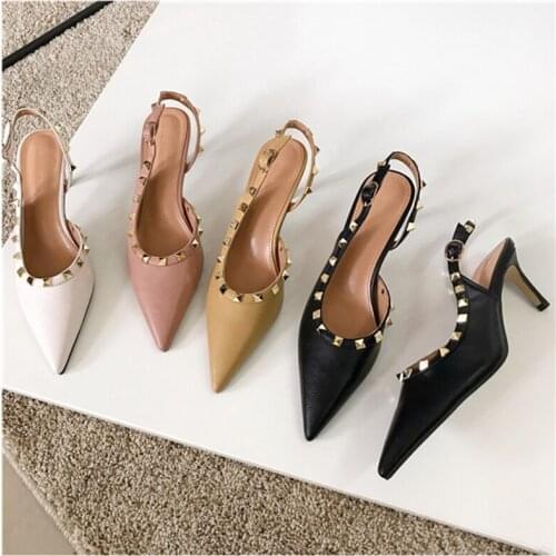 2021 New Spring Fashion Rivet Sandals Ladies Thin High Heel Pointed Toe Slingback Shoes Women Pumps Slip On Mules Party Mujer