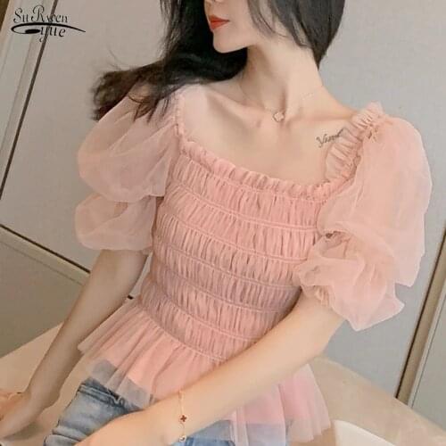 Blusas 2021 Summer Tops Elegant Mesh Off Shoulder Blouse Women Puff Sleeve Shirt French Waist Thin Short New Lady Clothing 10026