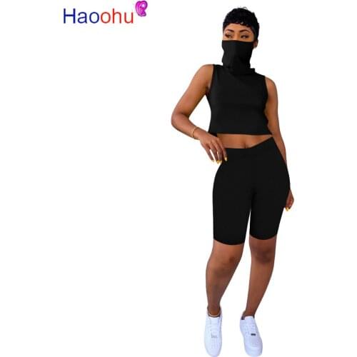 HAOOHU Two Piece Set Women Tracksuit Summer Outfits Fitness Mask Crop Top and Biker Shorts Sweat Suit Lounge Wear Matching Sets