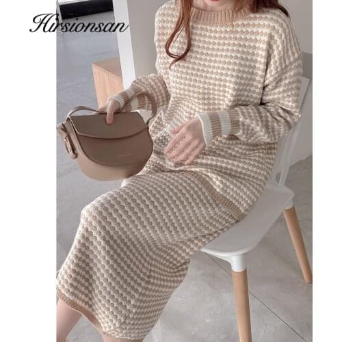 Hirsionsan Elegant Knitted Suits Women Soft Sexy Female Sets 2 Pieces Slim Fit Skirt Loose Houndstooth Sweater Ourfits Pullovers