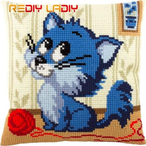 Cross Stitch Cushion Kits Little Cat Pillow Case Pre-Printed Canvas Acrylic Chunky Yarn Needlepoint Cross-stitch Arts & Crafts