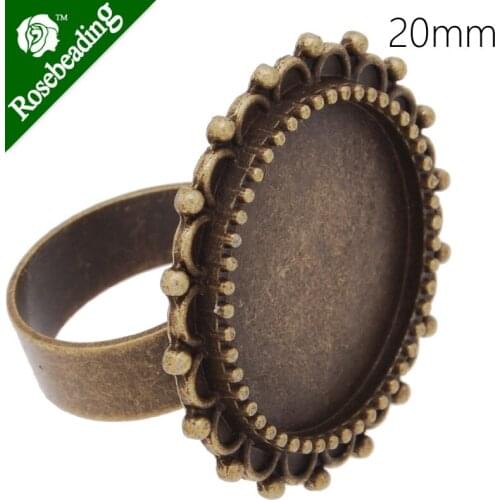 Circle Adjustable Ring with 20MM Round Ornate Bezel ,Antique Bronze,zinc alloy filled,20pcs/lot-C4199