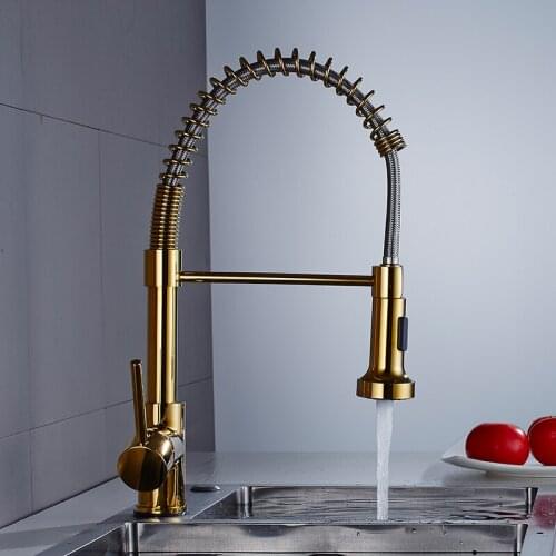 Kitchen Faucets Gold Brass Faucets for Kitchen Sink Pull Out Spring Kitchen Faucet/Tap Spout Mixers Tap Hot Cold Water Crane