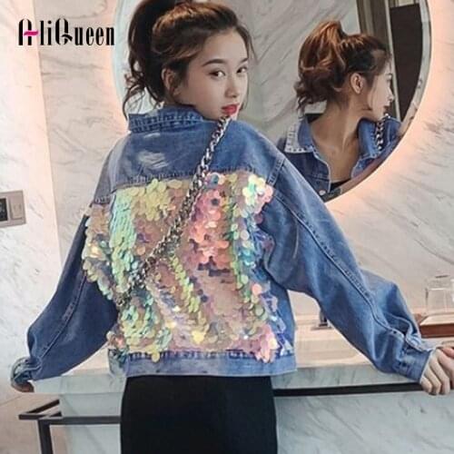 Autumn Streetwear Women Mermaid Sequins Splice Loose Denim Jacket Girls Students High Street Casual Short Jeans Coats Outwear