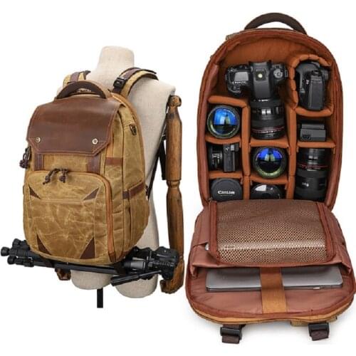 M470 New Arrive Heavy Duty Vintage Retro Travel Big Canvas Leather Waterproof Camera And Laptop Backpack DSLR For Photography