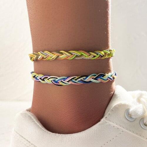 Meetvii 2Pcs Bohemian Anklets Set Handmade Wax Rope Friendship Beach Barefoot Bracelet on The Leg Chain Boho Foot Jewelry