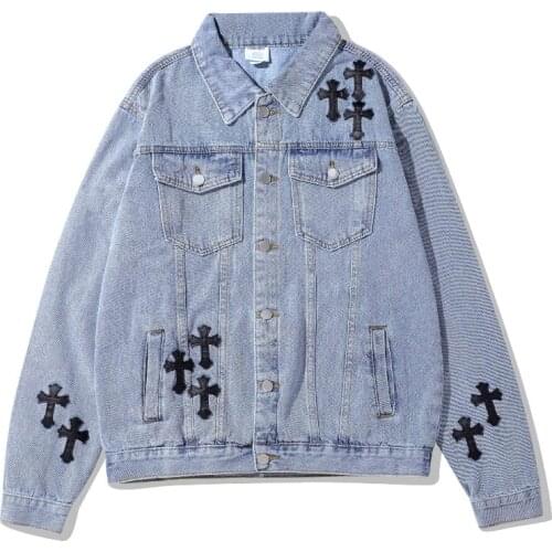 2021 Kpop Cross Embroidery Punk Retro Washed Denim Jacket Men Coat Casual Korean Fashion Outwear Gothic Clothes Blouson Homme