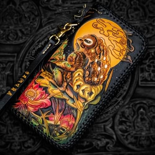 Handmade Knitting Wallets Carving Toad Purses Men Long Clutch Vegetable Tanned Leather Wallet Card Holder