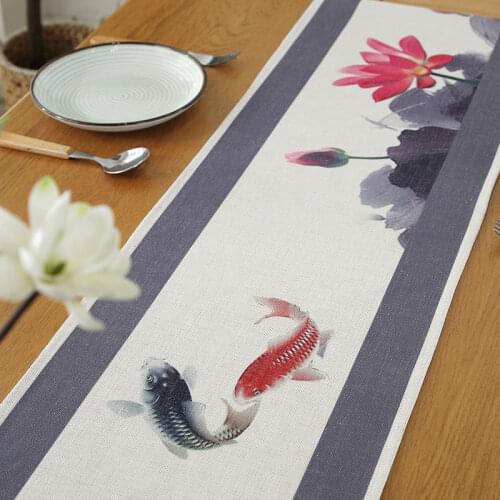Carp Pattern Table Runner Lotus Linen Table Flag Chinese Style Kitchen Restaurant Table Cover Party Wedding Banquet Deocr
