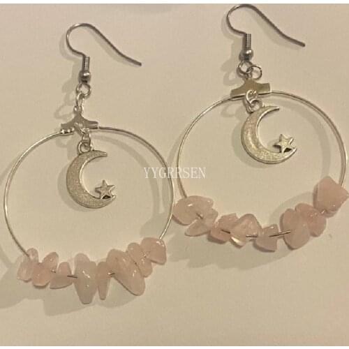New Bohemia Moon In Rose Quartz Hoop Earrings Stars Dangle Witch Jewelry Healing Halloween Statement Delicacy Jewelry Women Gift