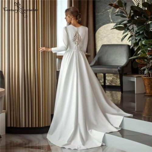 Muslim Wedding Dresses Simple Bridal Gowns Long Sleeve Lace Appliques Button O-Neck A-line Plus Size Vestido De Noiva