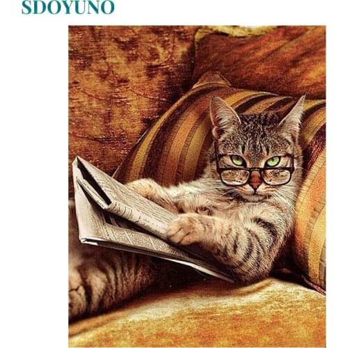 SDOYUNO Frame DIY Painting By Numbers Kits Cat Animals Modern Wall Art Canvas Painting Drawing By Numbers For Home Wall Arts