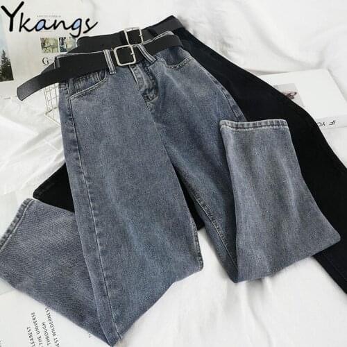 Plus Size Black High Waist Straight Overalls Pants Women Boyfriends Long Loose Wide Leg Jeans vintage Black Streetwear With belt