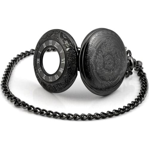 Vintage Antique Steampunk Quartz Necklace Pendant Pocket Watch Black Gift