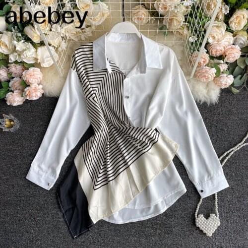 2021 New Women Blouse White Collar Ladies Irregular Stitching Color Contrast Long Sleeves Urban Shirt Female Casual Long Tops