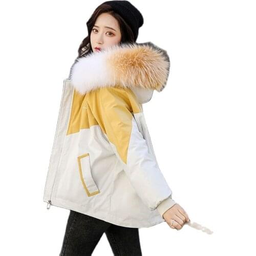 Womens Cotton Jacket 2021 New Korean Loose Big Fur Collar Jackets Autumn Winter Short Parka Large Size Hooded Parkas Coats M692