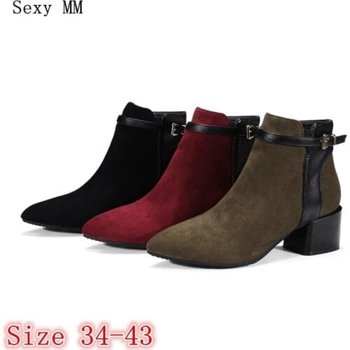 Spring Autumn Winter Women Ankle Boots Booties Square High Heels Shoes Woman Short Boots High Quality Plus Size 34 - 40 41 42 43