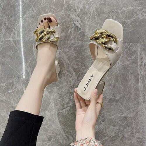 2021 Women Sandals Square Toe Summer Lady Heels Shoes Fashion Chain Decorate Ladies Sandals plus size 35-43