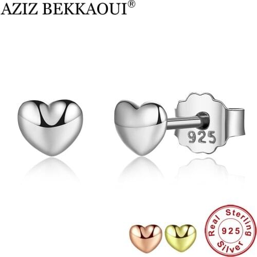 AZIZ BEKKAOUI Hot Sale Real 925 Sterling Silver Small Hearts Stud Earrings for Women Petite Silver Earrings Party Jewelry Gift