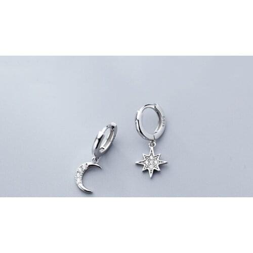 WTLTC 925 Sterling Sliver CZ Moon Star Hoop Earrings for Women Dainty Helix Piercing Earrings Asymmetric Starbust Hoops Earrings