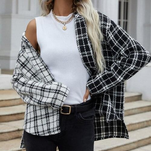 Women Tweed Jackets 2021 Casual Loose Fashion Black White Houndstooth Coats Female Autumn Vintage Thick Plaid Coat Girls Chic