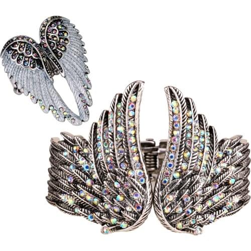 YACQ Angel Wing Bangle Bracelet Ring Sets Women Biker Crystal Fashion Jewelry Gold Silver Color Gifts for Her Dropshipping D01