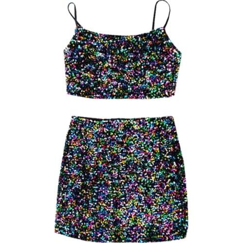 Sequins 2 Piece Set Women Summer Sexy Club Crop Tops Sleeveless A Line Mini Skirt Aesthetic Clothes Streetwear