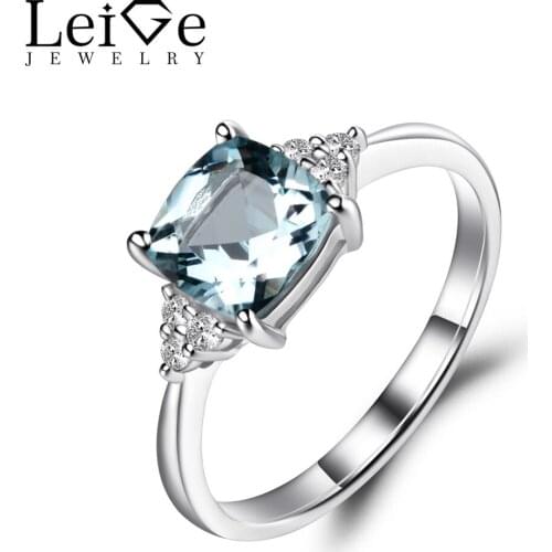 Leige Jewelry Aquamarine Engagement Ring Silver 925 Wedding Ring Cushion Cut 1.45 CT Blue Gemstone Fine Jewelry March Birthstone