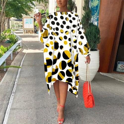 Casual Retro Print Summer Mid Dress Pullover New Elegant Women Long Sleeve Loose Beach Dress Fashion Round Neck Lady Party Dress