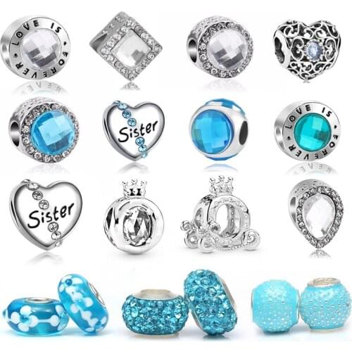 2Pcs/lot Blue & Silver Color SISTER Life Of Love Charm Beads Pendant Fit Brand Bracelet for Women Jewelry DIY Making Gift