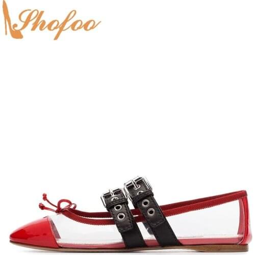 Red Patent Leather Butterfly-Knot Round Toe Clear Flats Woman Double buckle Large Size 10 15 Ladies Formal Fashion Shoes Shofoo