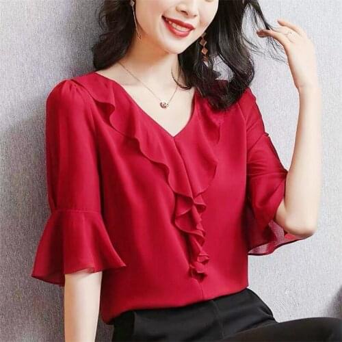 Large Size Women Summer Chiffon Blouses Solid Ruffles Tops New Fashion Korean Female Office Lady Shirts Plus size M-7XL 8XL