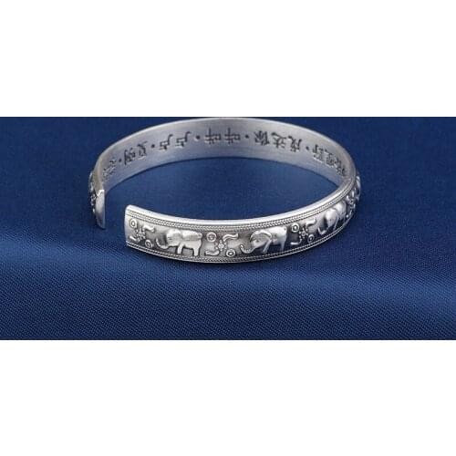 New 999 Pure Silver Elephant Bracelet Womens Retro Seiko Elephant Open Bracelet