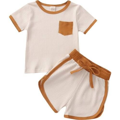Kids Baby 2-piece Outfit Set Short Sleeve Pocket Top+Shorts Set for Children Boys Girls