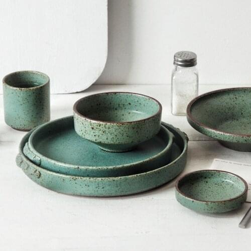 Guopin Japanese Green Color Retro Handmade Ceramic Plates Single Home Restaurant Teacup Round Steak Plate Rice Salad Bowl