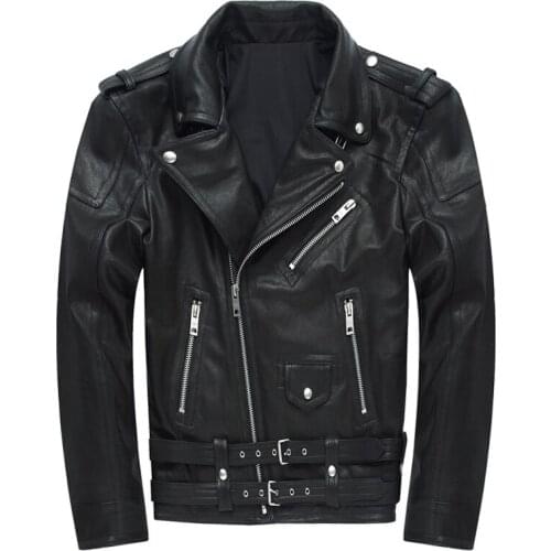 Free Shipping Mens Clothing Male Tanned Sheepskin Leather Jackets Mens Vintage Black Leather Coats Slim Turn Down Collar Outwear