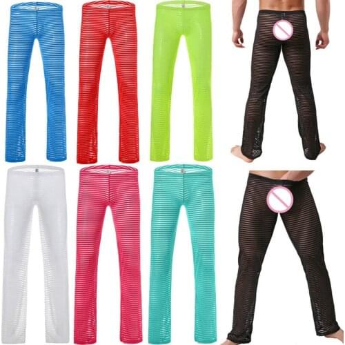 Mens Sleepwear Long Lounge Striped Mesh Sexy Transparent Sleep Bottoms Loose Causal Sports Pants Masculino Gay Pajama Underwear