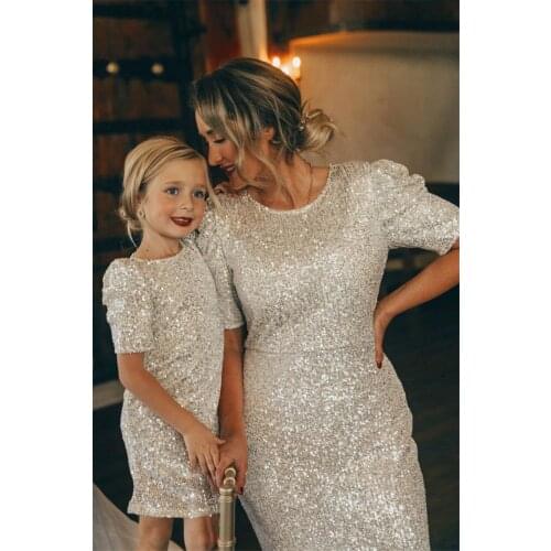 Bling Bling Silver Sequin Mother Daughter Birthday Party Dresses Sparkling Mom Girls Matching Celebrity Dresses Custom