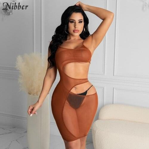 NIBBER Sexy Black Mesh See Through Hollow Dresses For Womens Bodycon Mini Dress With Clubwear Clothing 2021 Summer New Outfits