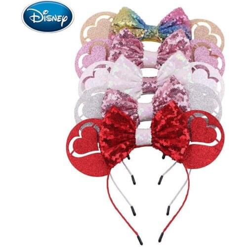 Disney 1pcs new Mickey headband Valentines Day sequined bow peach heart headdress Christmas Hair Bows for girls women gift
