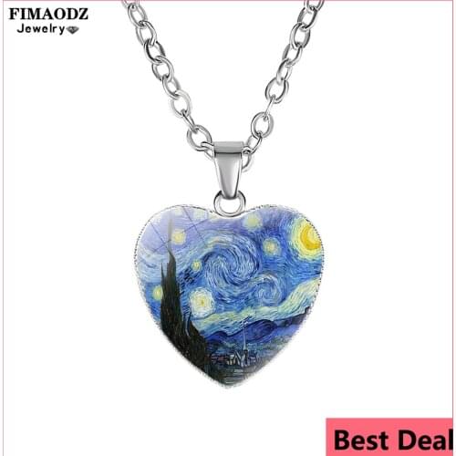 FIMAODZ Starry Night Heart Necklace Van Gogh Sunflower Art Painting Glass Photo Pendant Mona Lisa Jewelry Collection for Women