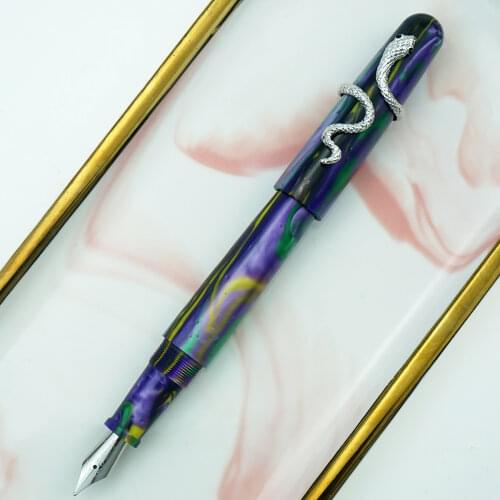 NEW ARRIVAL Fuliwen 017 Resin Acrylic Fountain Pen Big Size Ink Pen with Unique Silver Snake Ring Medium Nib Luxury Gift Pen